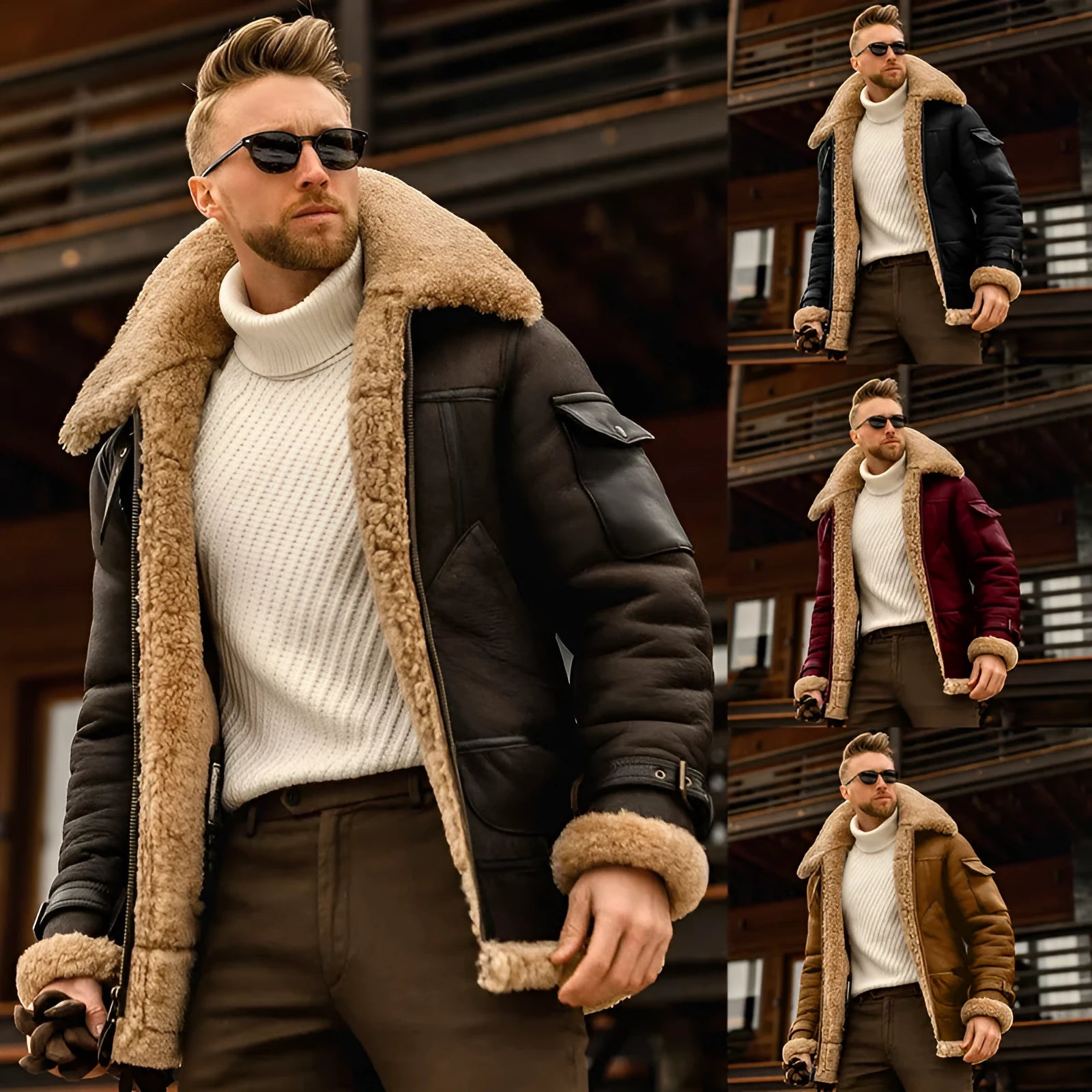 Men's winter military fleece jacket with fur collar in black, medium length with multiple pockets