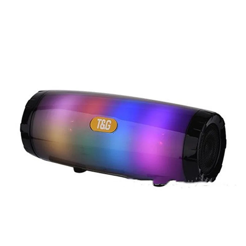 Portable Bluetooth speaker with LED lighting in blue colour showing front controls and dimensions