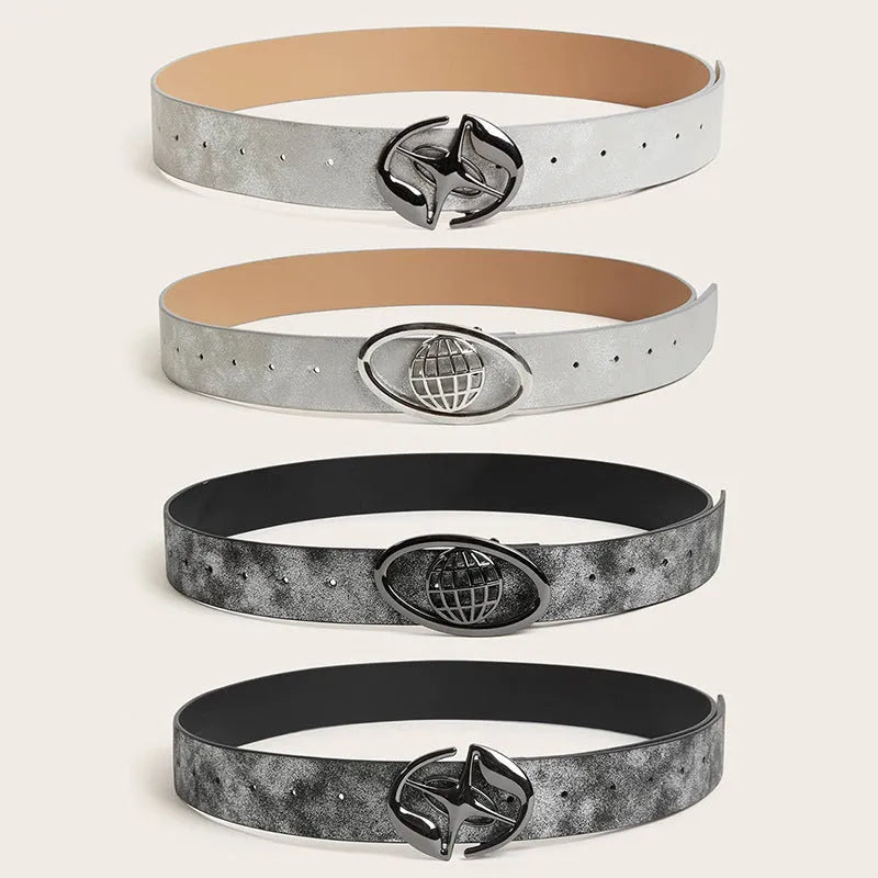 Retro women's thick belt with oval alloy buckle in grey and silver white colour options