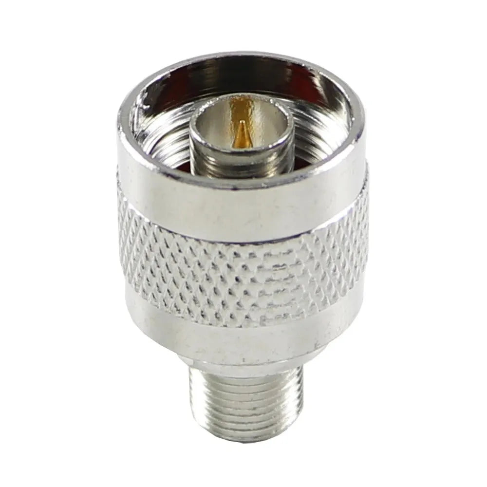 Silver metal RF coaxial F head converter for TV aerial, satellite, and antenna connections, 3x1.8cm