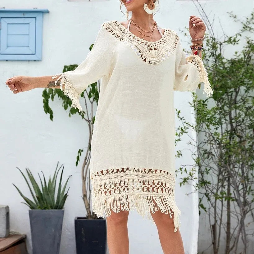 Apricot-coloured women's crocheted knitted patchwork midi dress with half sleeves.