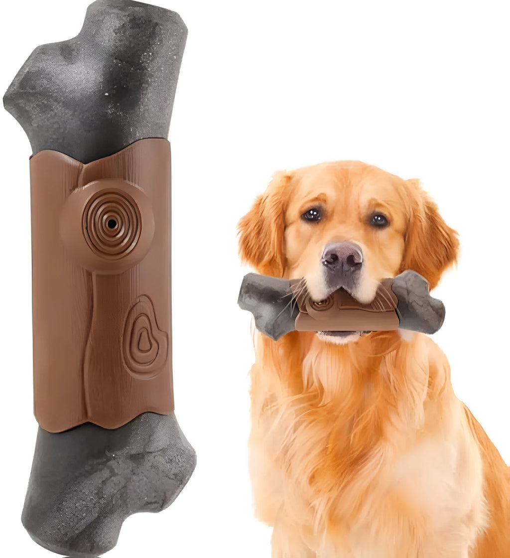 Brown branch-shaped nylon dog chew toy with bacon flavour and squeaker for large dogs
