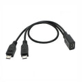 Black Micro USB splitter cable with one female and two male ends, 19cm and 33cm legs