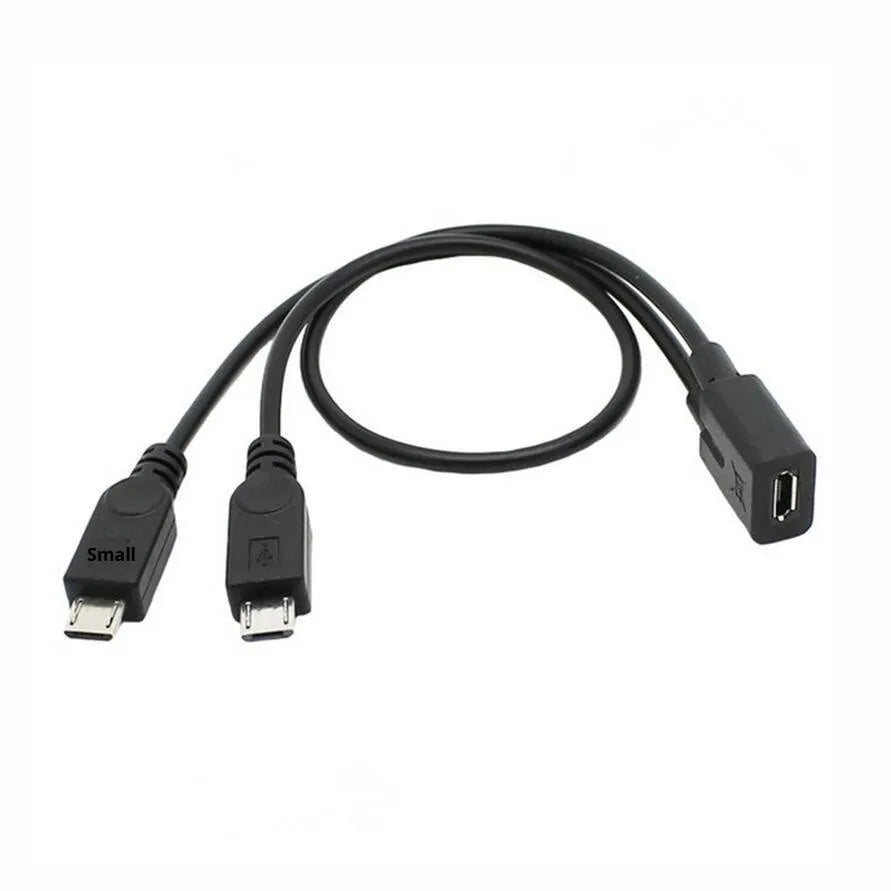 Black Micro USB splitter cable with one female and two male ends, 19cm and 33cm legs
