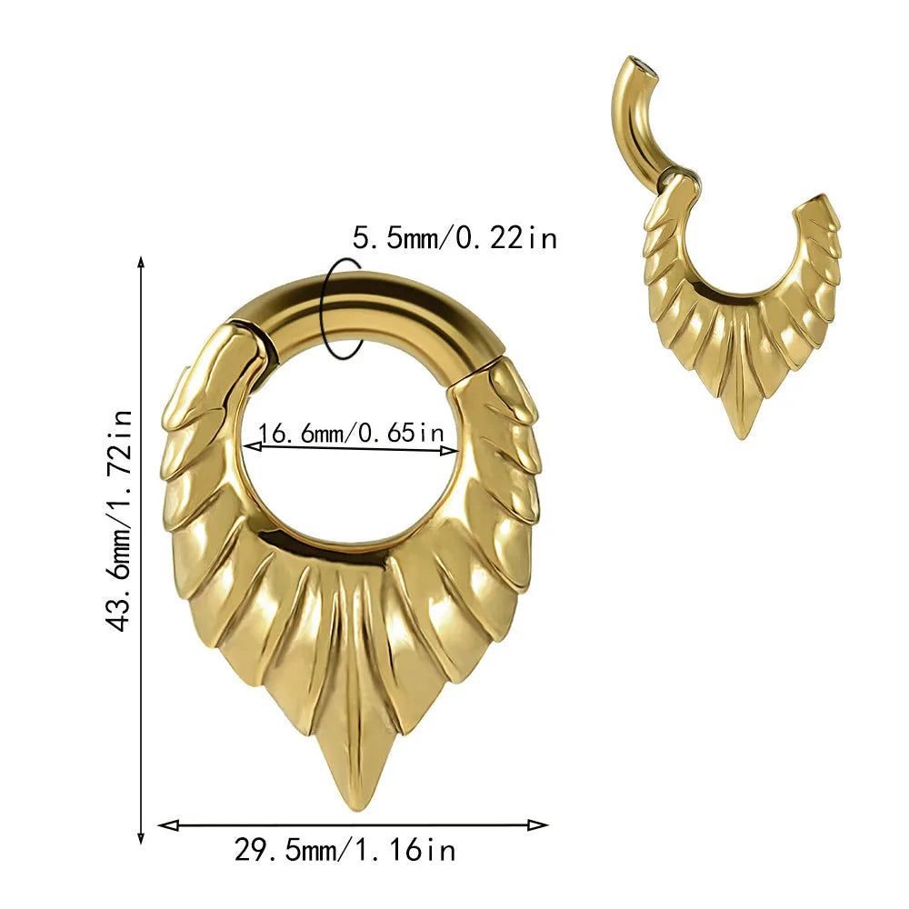 Stainless steel drop-shaped egg ear extender with totem engraving for auricle piercing.