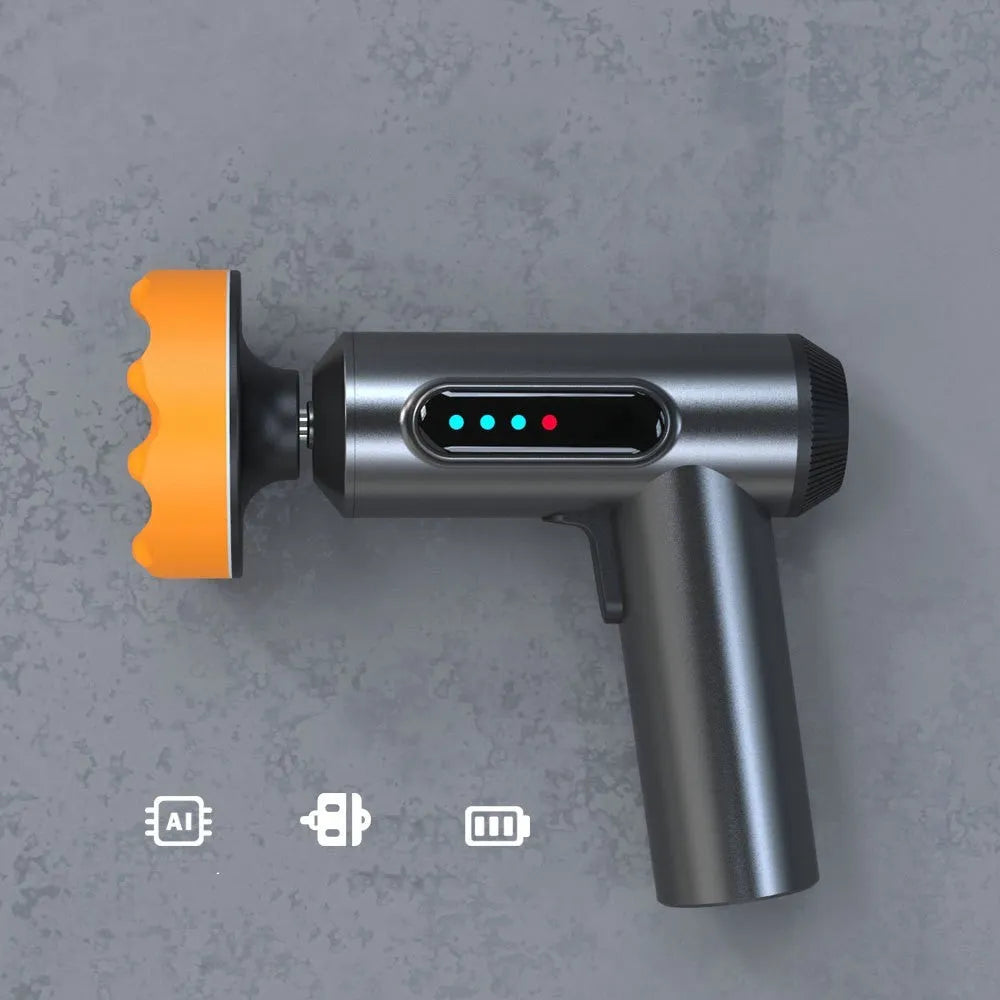 Cordless electric waxing and polishing machine with white ABS housing and a circular grey polishing disc.
