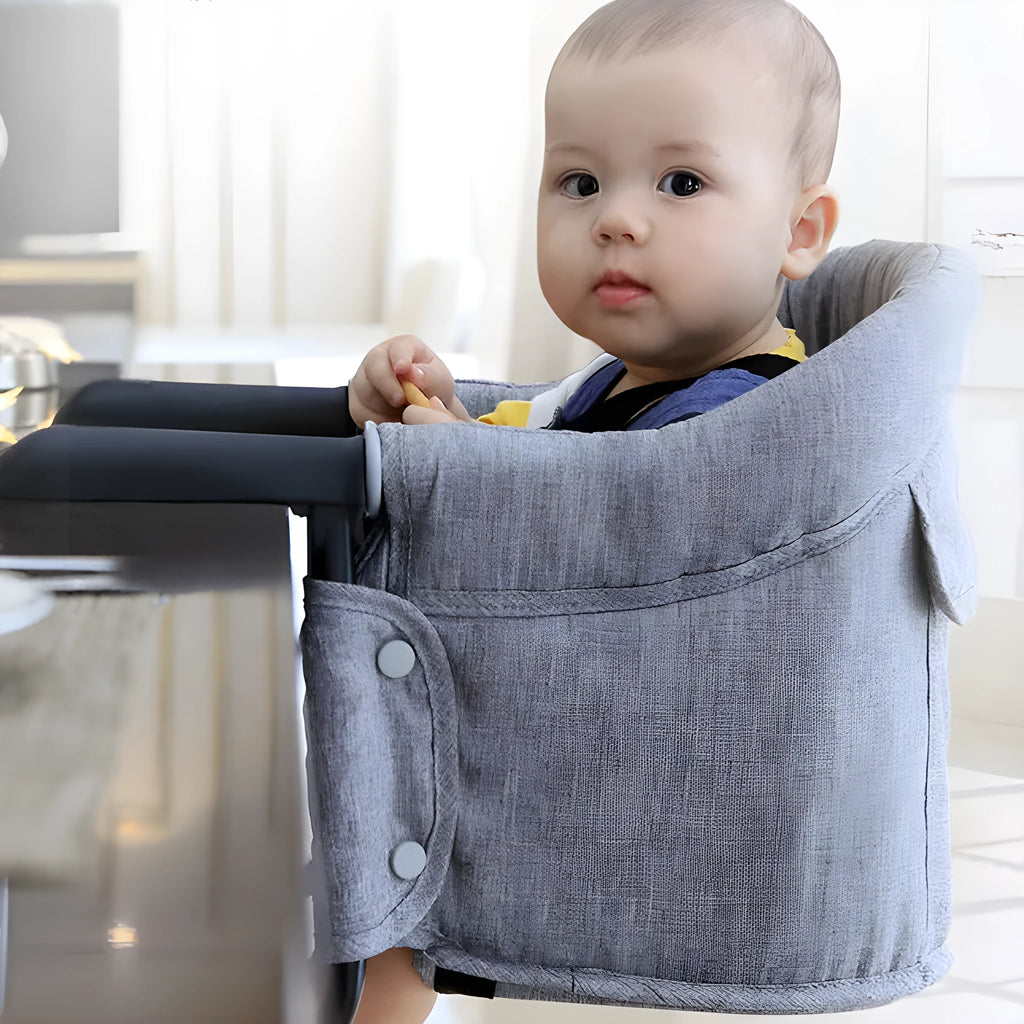 Portable baby high chair dining seat with safety belt folded and expanded