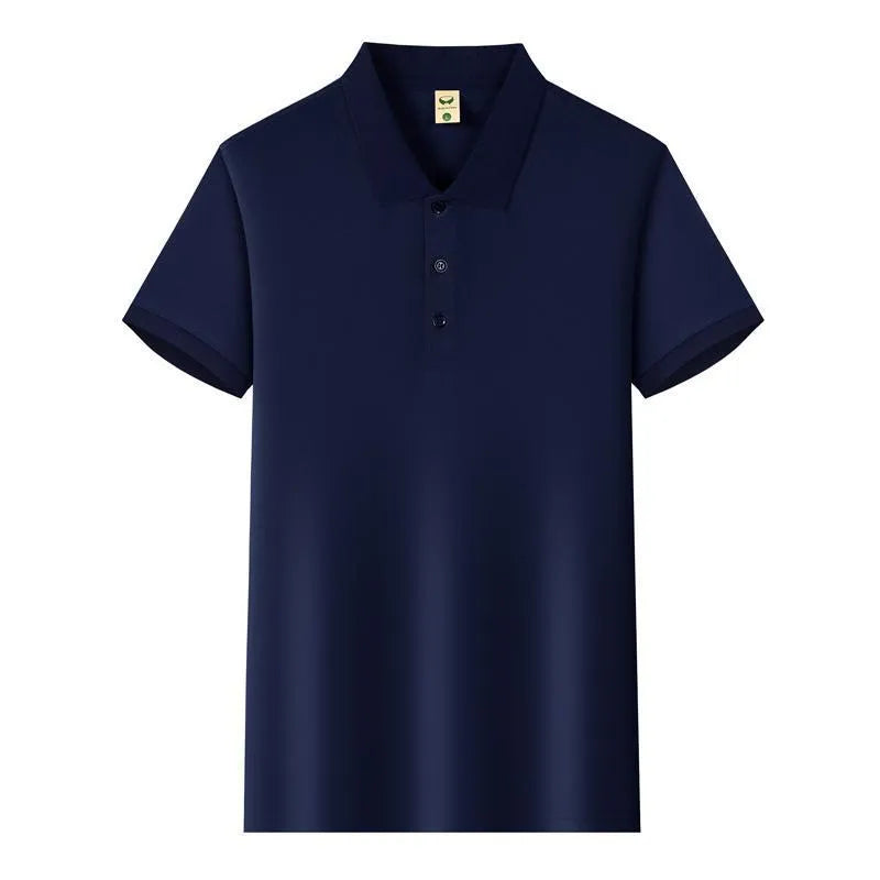 Men's ice silk short sleeve lapel business shirt in multiple colours on a hanger.