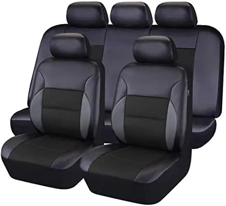 Artificial leather car seat cover set in black showing front seat and headrest pieces