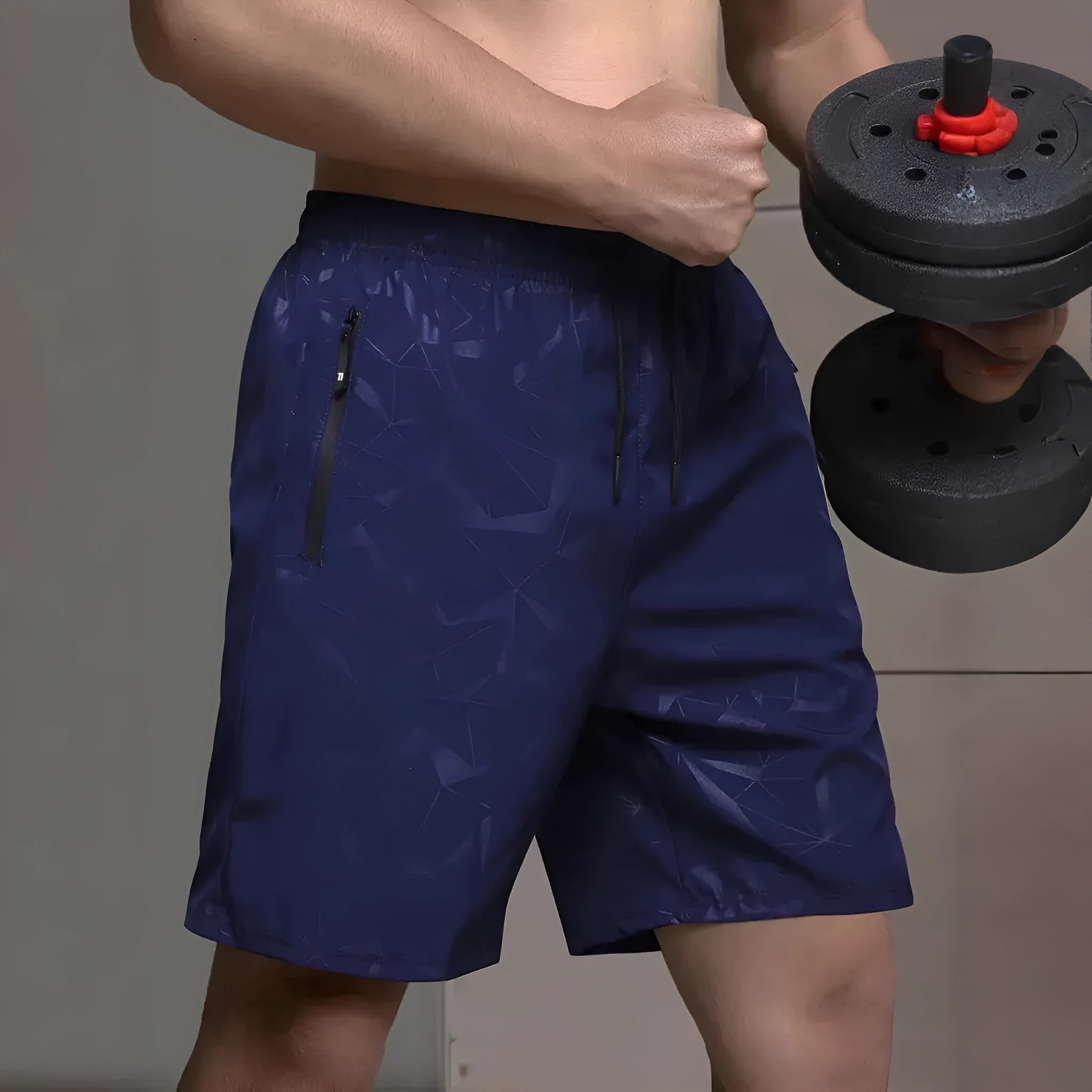 Men's loose casual sports shorts in black, grey, or blue with elastic waistband
