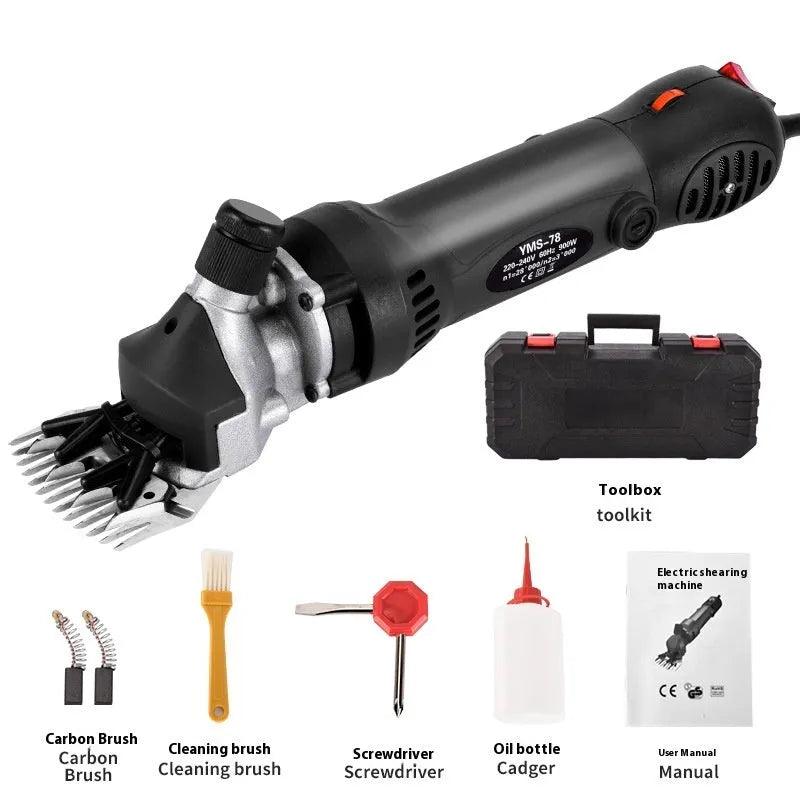 Yellow electric wool shears with 110V plug and multiple steel blades including 13-tooth straight knife