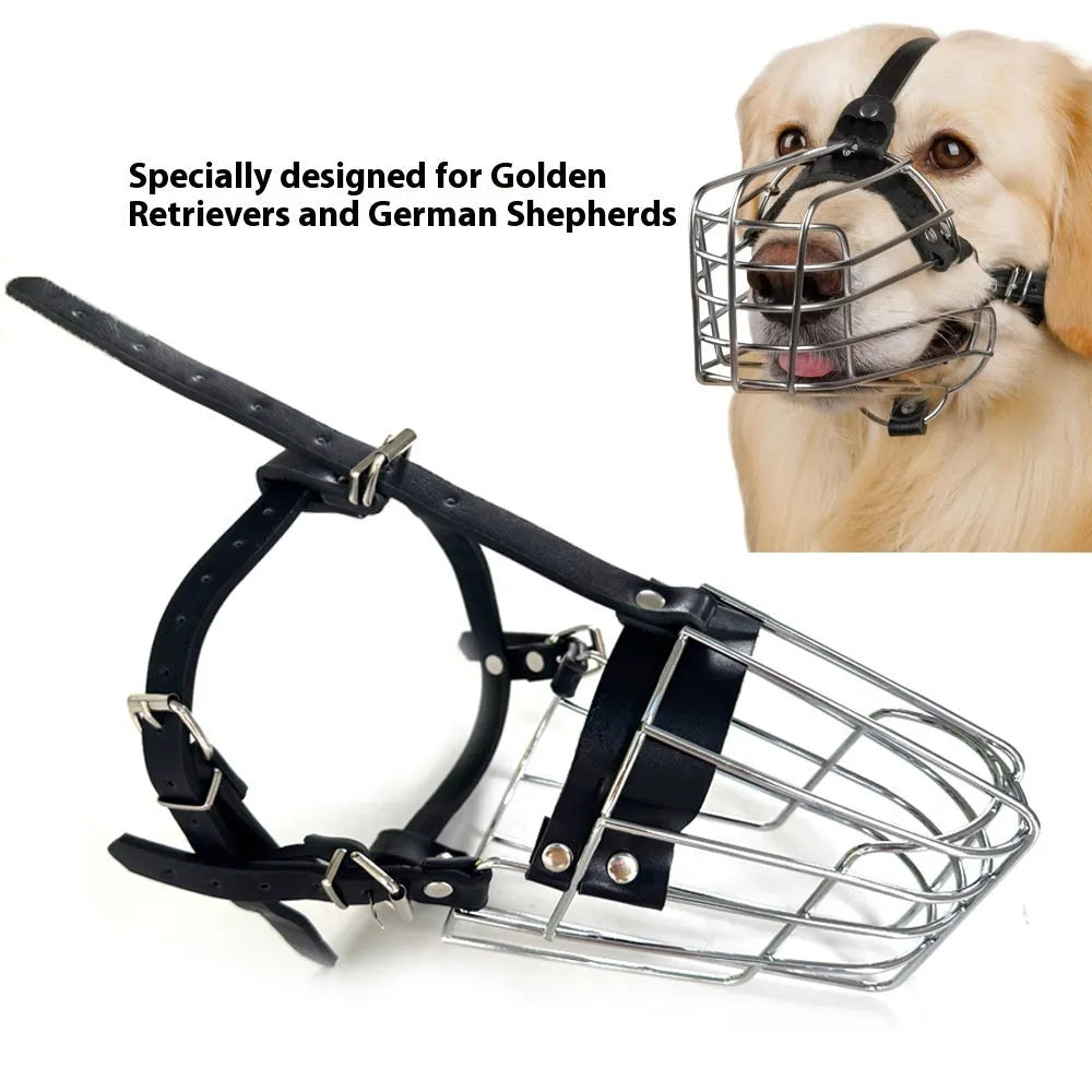 Black metal dog muzzle with adjustable straps, designed for Golden Retrievers and German Shepherds.