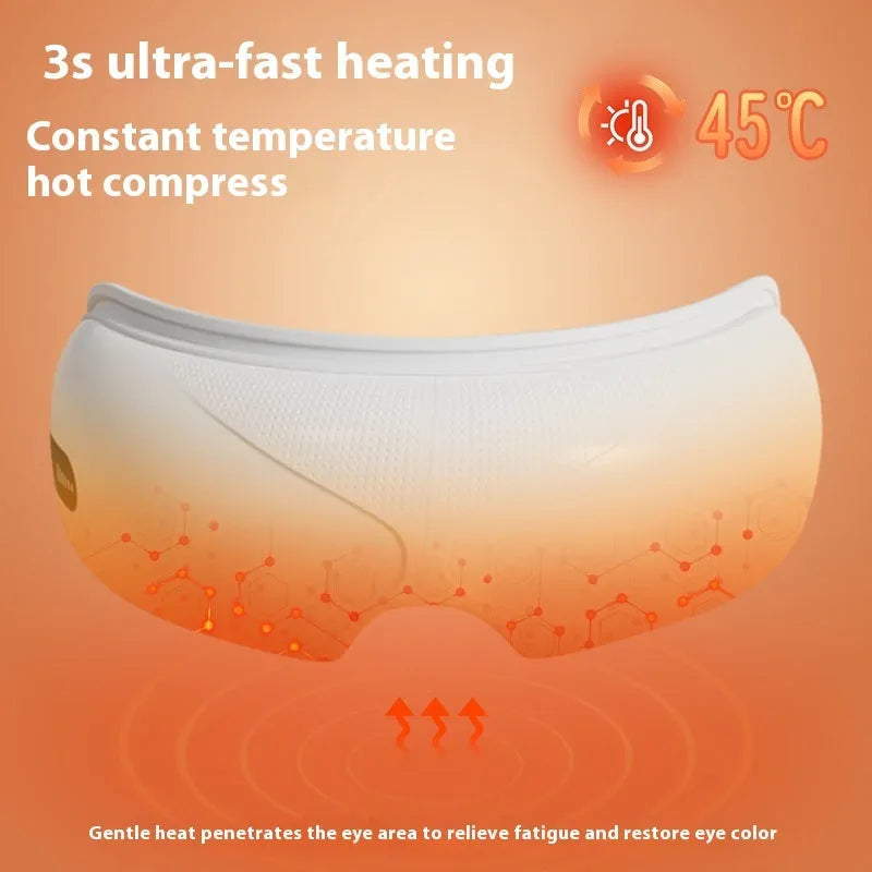 White rechargeable eye massager with hot compress and airbag massage functions showing dimensions 140mm x 52mm x 150mm