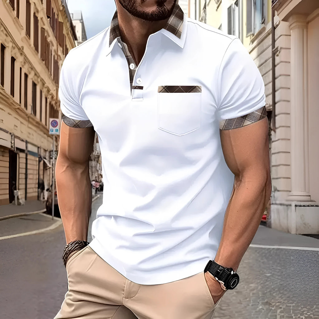 Men's loose fit short sleeve t-shirt in a plaid colourblock pattern with a zip detail.