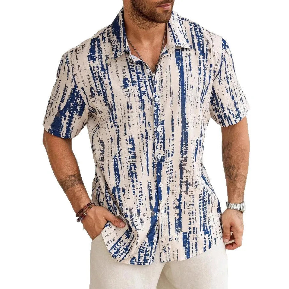 Man wearing a blue and white striped short sleeve casual shirt.