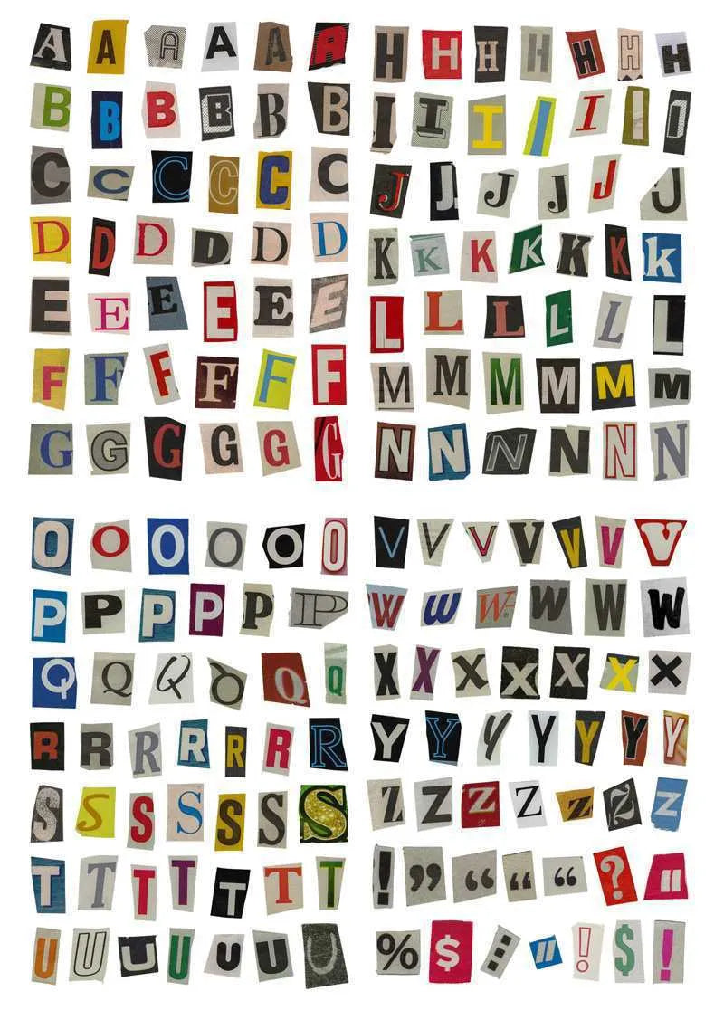Set of cute style printed decoration stickers showing English letters, numbers, symbols, and weekly words.