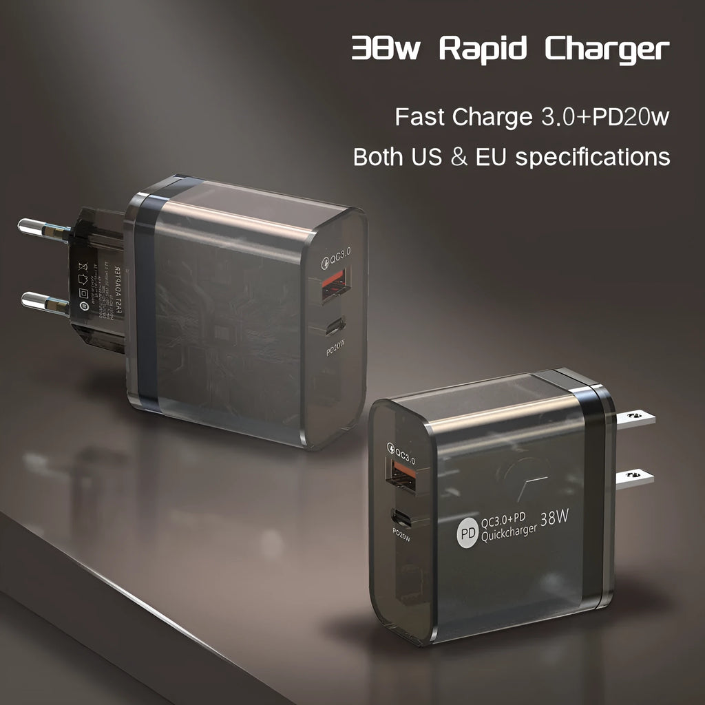38W transparent charging adapter with TYPE-C port, EU round and US flat plug heads visible