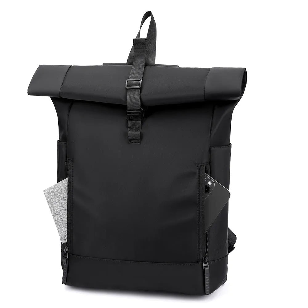 Oxford cloth casual backpack with airpillow straps, 20-35L capacity, in black solid colour with sewing line detail