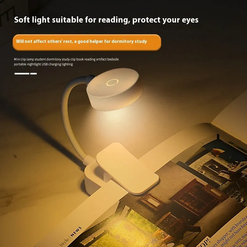 Homehold rechargeable book clip light in white plastic with built-in lithium battery and USB charging