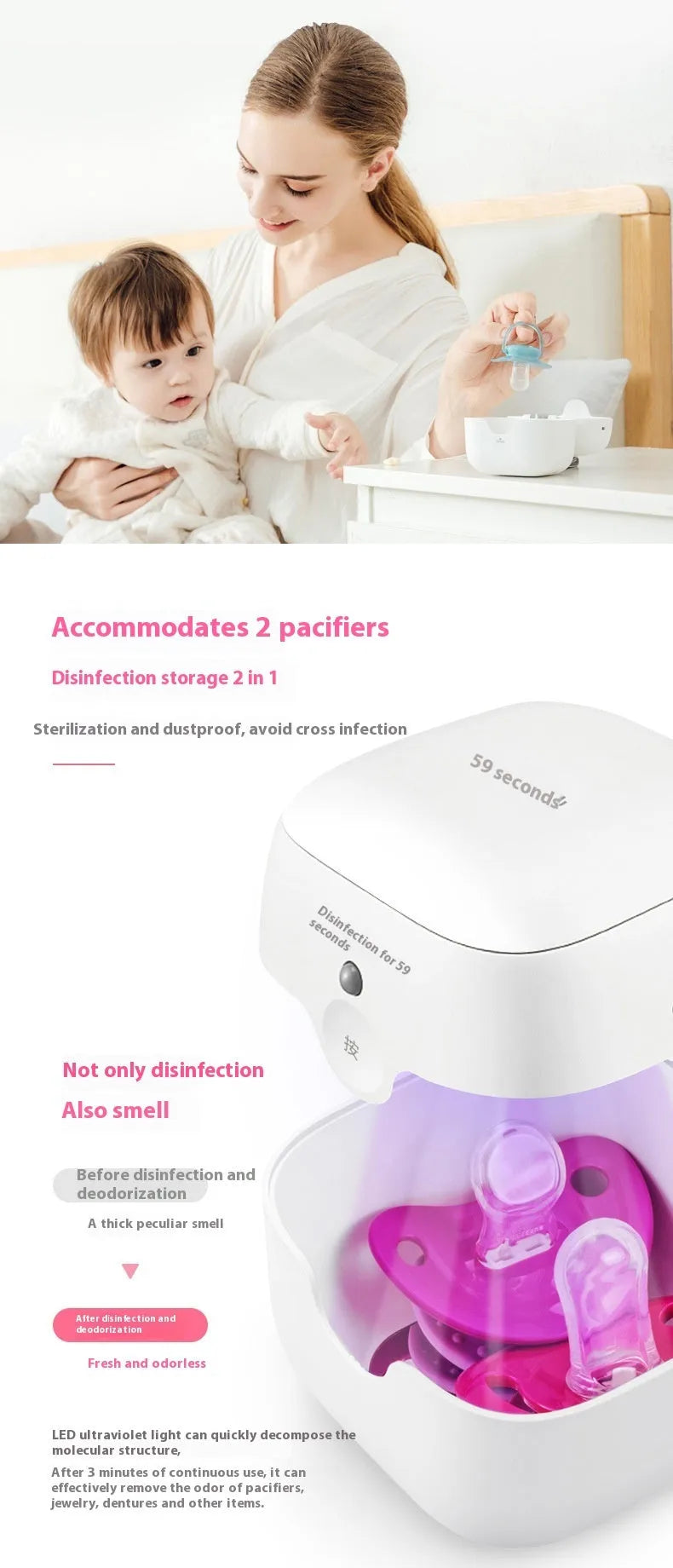 LED UV mini disinfection box pacifier sterilizer in white with USB cable and included items
