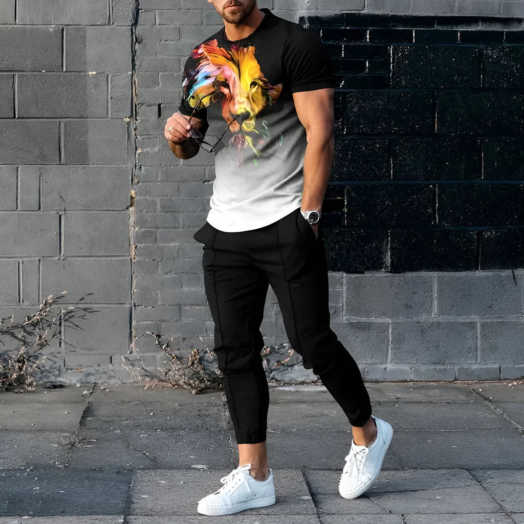 Men's casual printed short sleeve pullover and matching trousers suit set on a white background.
