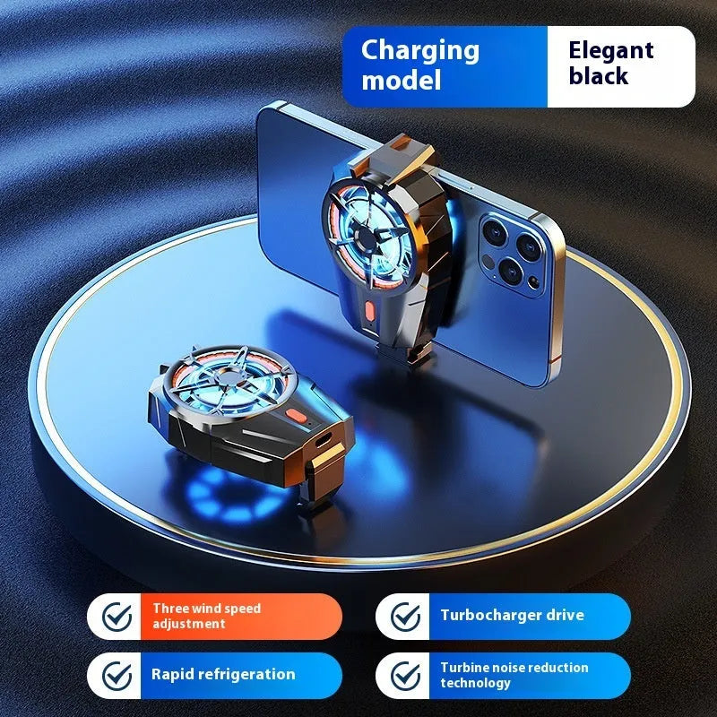 Rechargeable black mobile phone turbine radiator with back splint and fan cooling for gaming