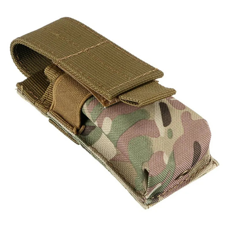 Black 600D nylon MOLLE tactical pouch with elastic cord closure for flashlights on a vest.