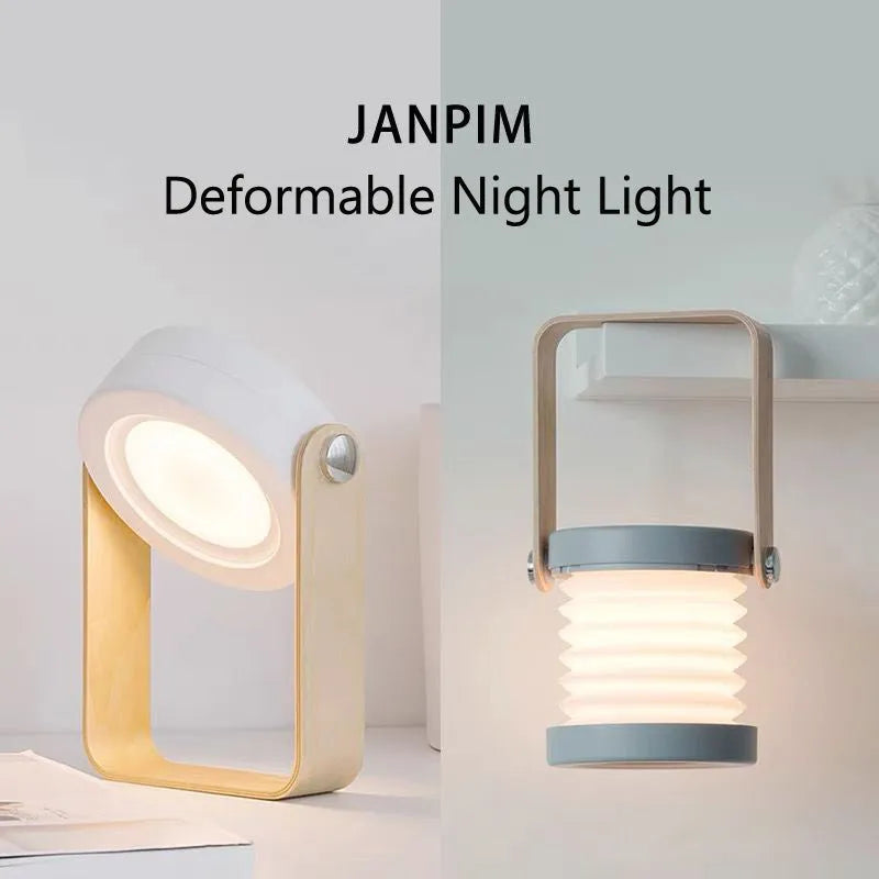 Foldable touch dimmable LED night light in white, shown in both table lamp and unfolded lantern modes.