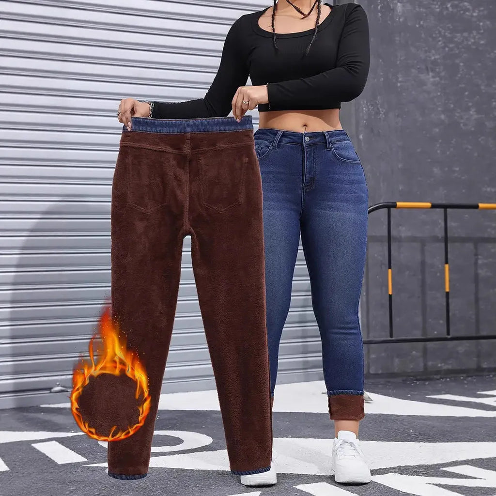 Blue women's brushed elastic skinny jeans cotton denim mid waist pencil pants autumn winter