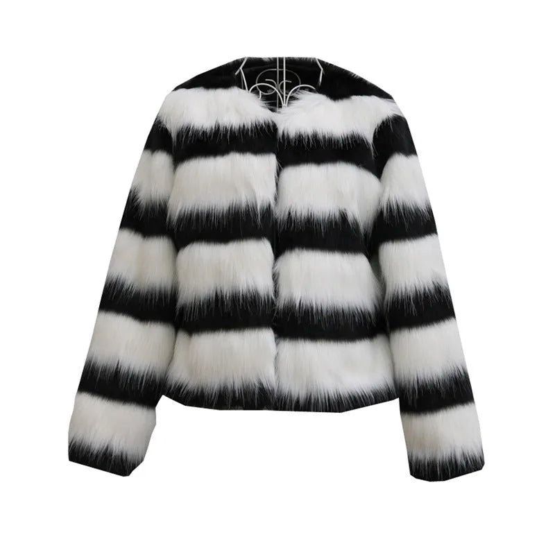 Black and white striped faux fur leather jacket for women with long sleeves