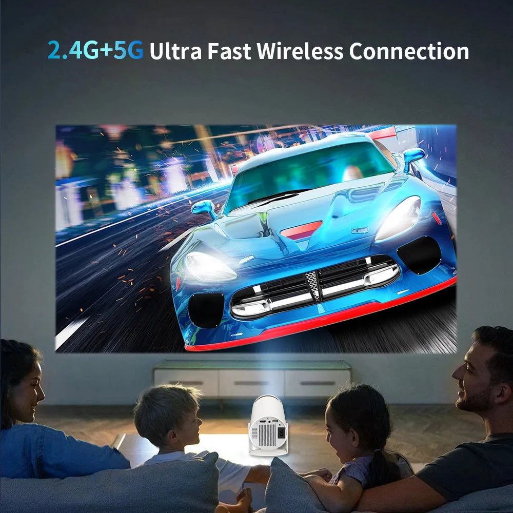 M300MAX portable projection game machine with handles in red or white packing box showing 720p HD resolution specification