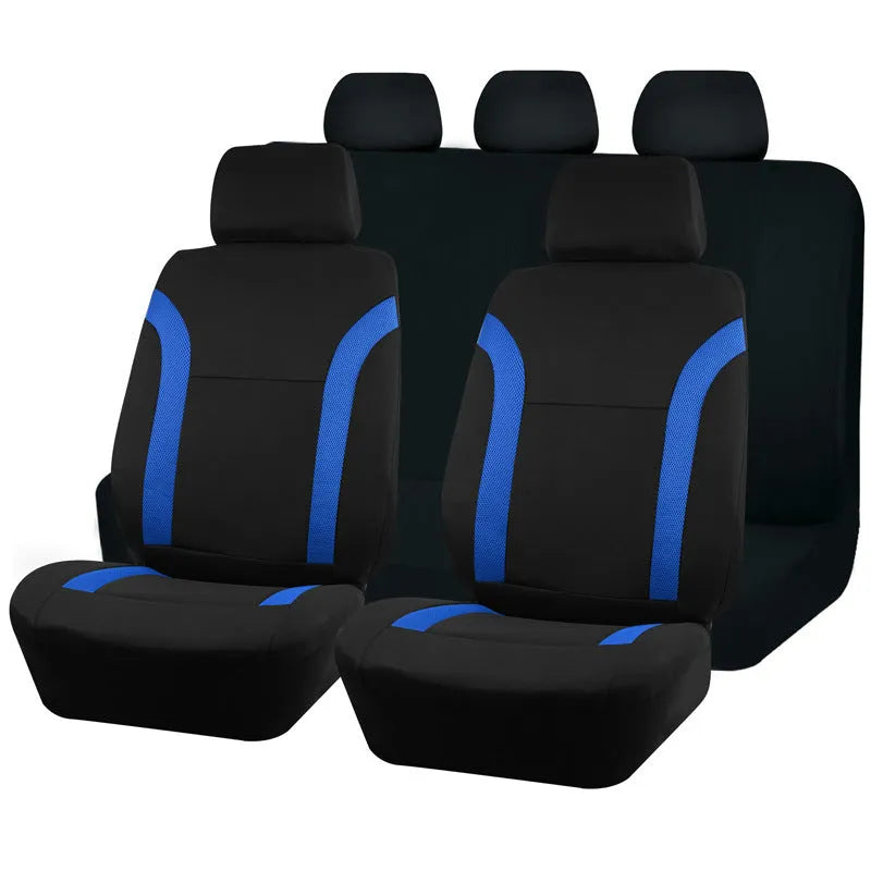 Universal polyester car seat cover set with eyelet stitching in black, blue, grey, or red colour options.