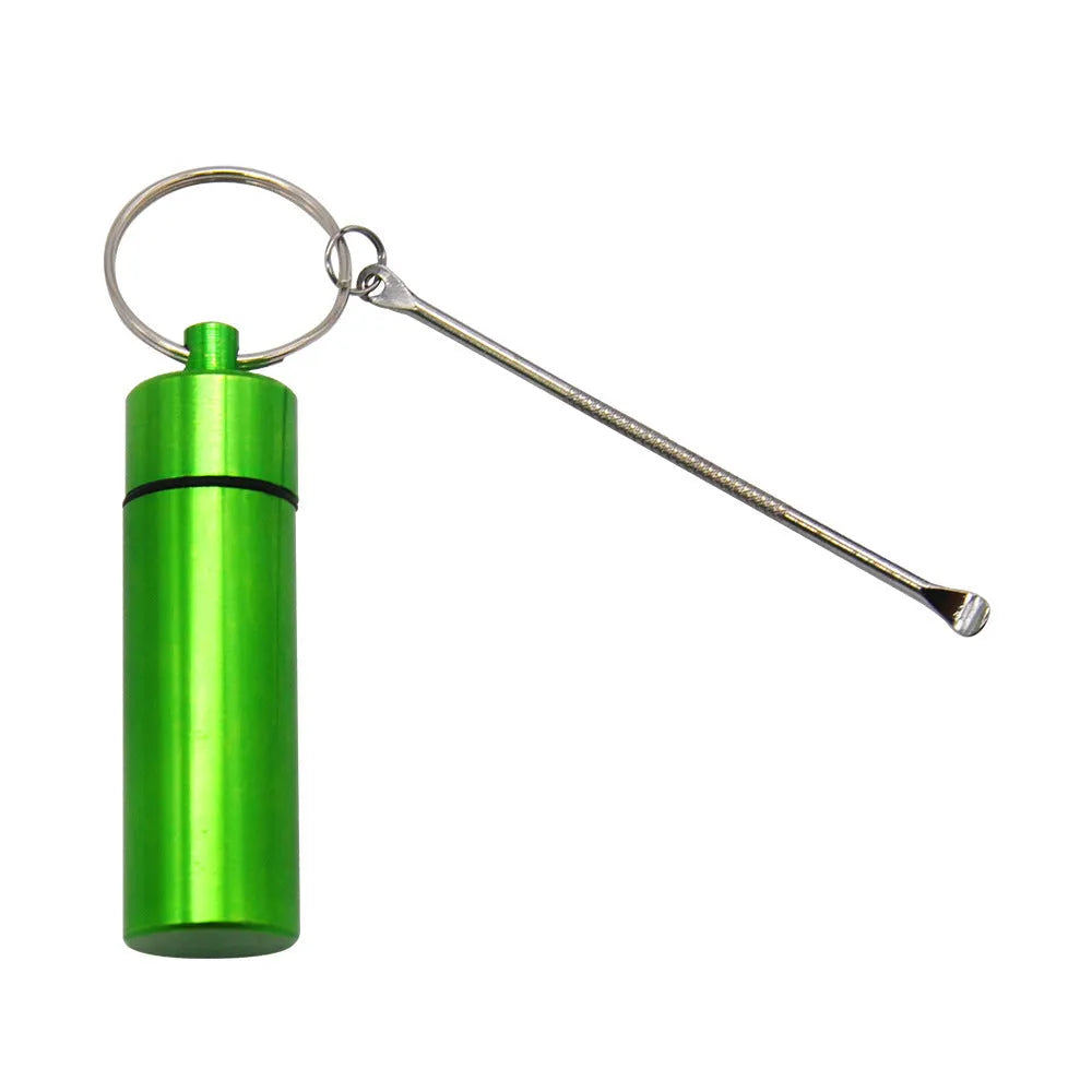 Aluminium portable pill storage bottle with keychain loop in one of five colour options: black, blue, gold, green, or red.
