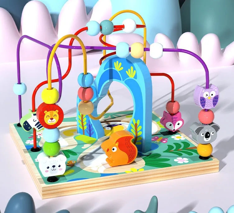 Blue wooden bead treasure box toy with multifunctional scenes for children's development