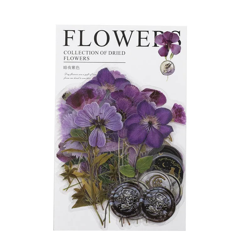 Creative dried flowers journal decoration sticker set with 8 art styles on 40 PET sheets, each measuring 70mm.
