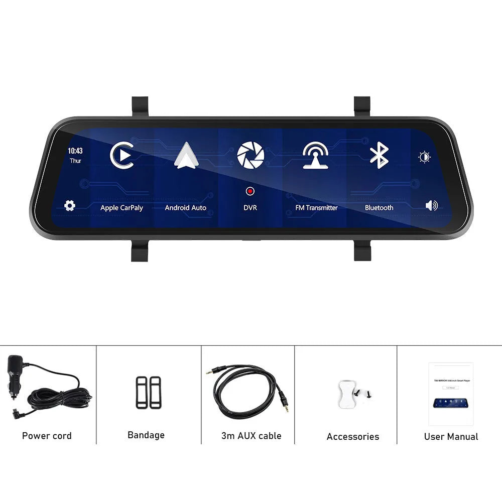 9.66-inch black car dash cam mirror with touch screen, showing split-screen display for front and rear camera feeds.