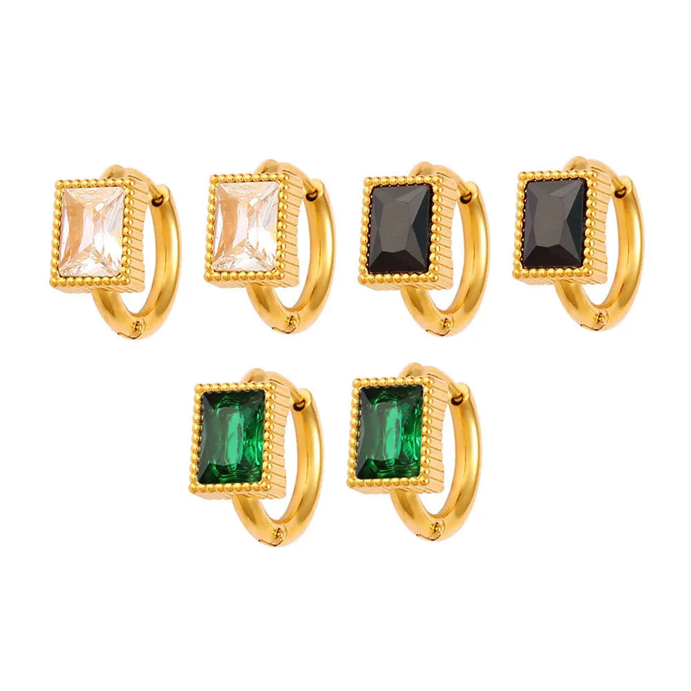 Stainless steel square zircon earrings in black, green, or white with geometric design