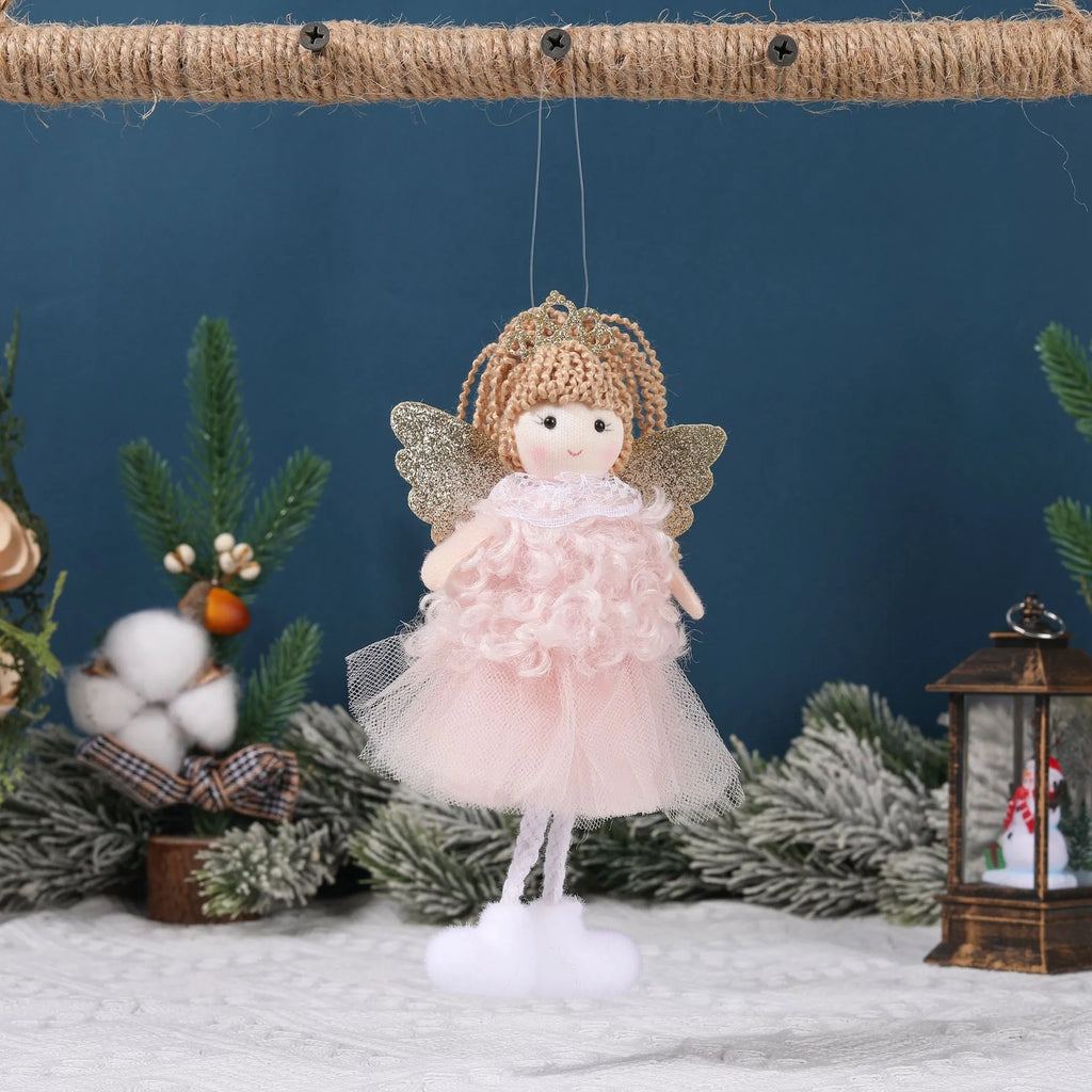 Cartoon angel Christmas fabric hair pendant clip on a ponytail, shown in white, pink, and khaki colours.