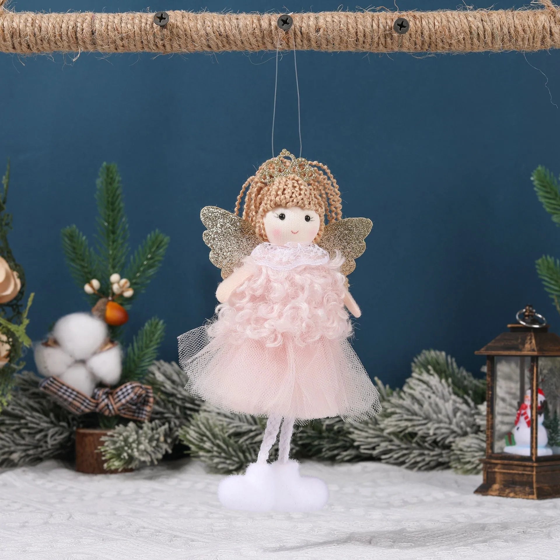 Cartoon angel Christmas fabric hair pendant clip on a ponytail, shown in white, pink, and khaki colours.