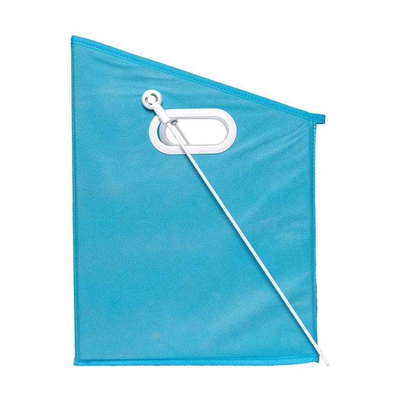 Blue folding storage basket with detachable liner on shelving, showing clear front panel and padded sides