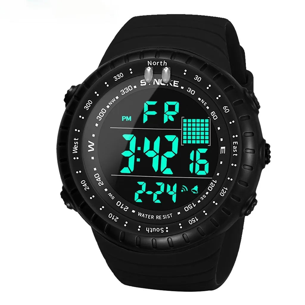 Black men's waterproof outdoor watch with a large round dial and a long PU strap.
