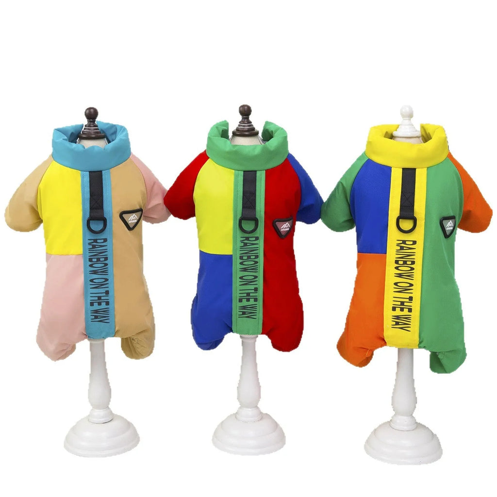 Pet dog winter warm thickened four-leg cotton-padded polyester coat, blue collar, side view on background