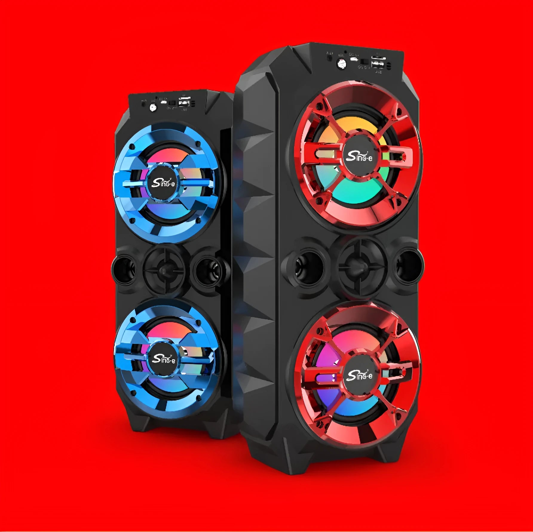 Portable Bluetooth speaker with colour lights and pull-rod handle in blue, red, or silver grey finish