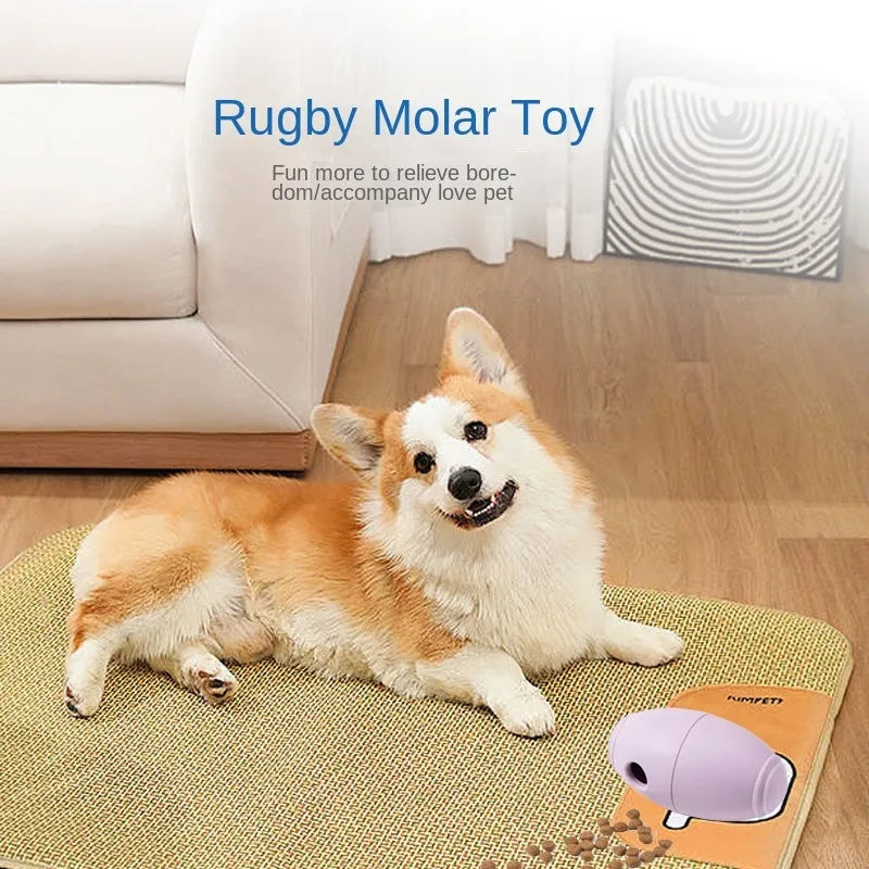 Blue silicone rugby ball dog toy with hollow treat-dispensing centre