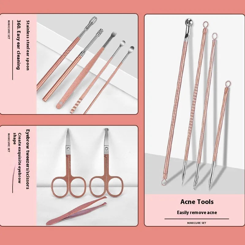 30-piece stainless steel nail beauty tool set shown in pink, blue, rose gold, black, and green colour options.