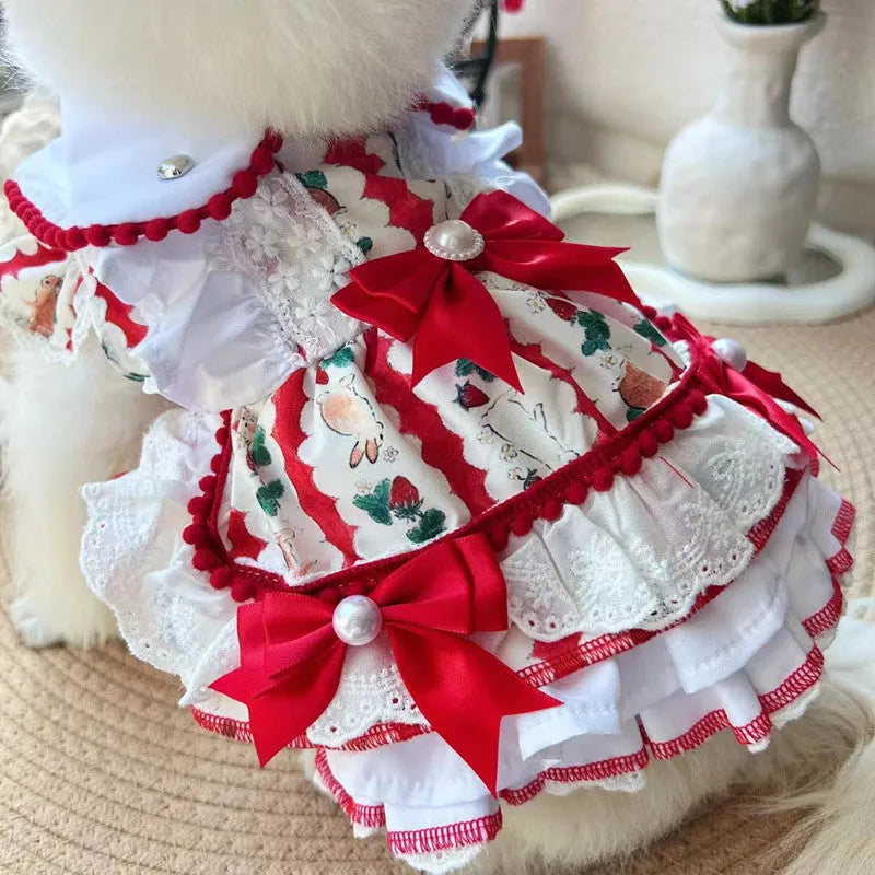 Princess style rabbit skirt dog dress in polyester on a small dog mannequin, showing the flared skirt design.