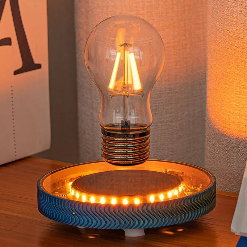 Magnetic suspension moon lamp floating above surface with 3D-printed celestial design