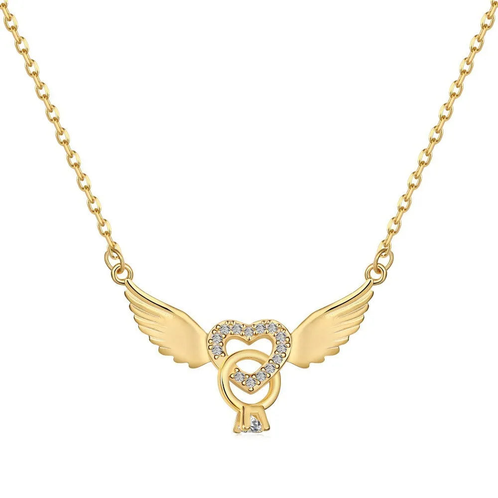 Heart-shaped zircon pendant necklace in 925 sterling silver with wings motif, electroplated finish