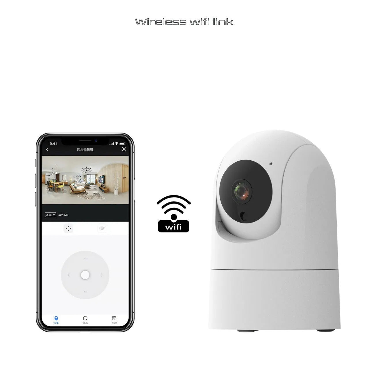 White indoor 5G security camera with tilt head on a desk next to EU UK US power plugs.