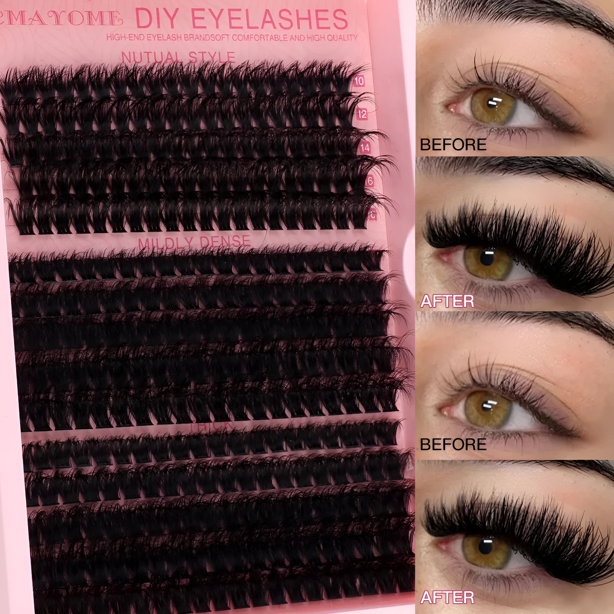 DIY false eyelashes extension kit showing cluster lashes and precision application tweezers